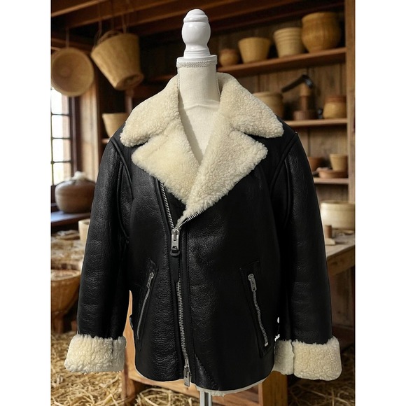 COACH Sheepskin Shearling Black Leather Aviator Moto Jacket  Winter Motorcycle - Picture 1 of 9